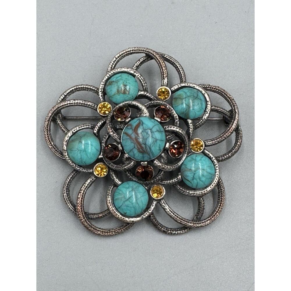 Chico's Faux Turquoise‎ Amber Color Crystal Rhinestone Silver Colored Brooch